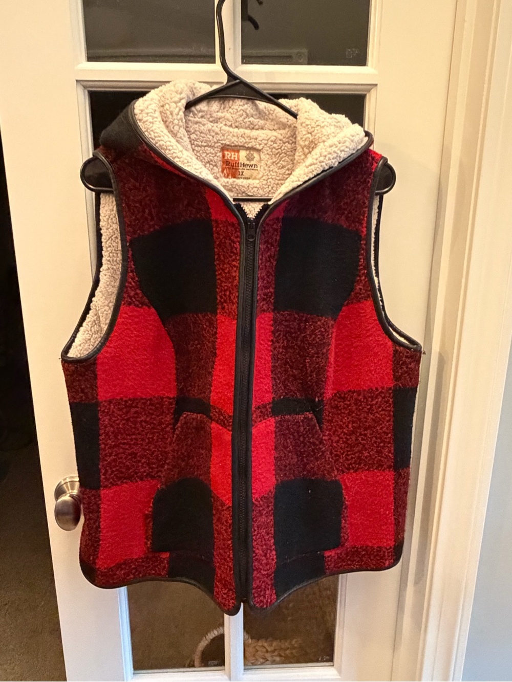 Ruff Hewn Red and Black Buffalo Plaid Sherpa-Lined Hooded Vest